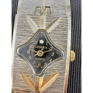 Vintage Geneva Ladies Watch Silver Gold Cut Design New Battery Textured Band 6.5